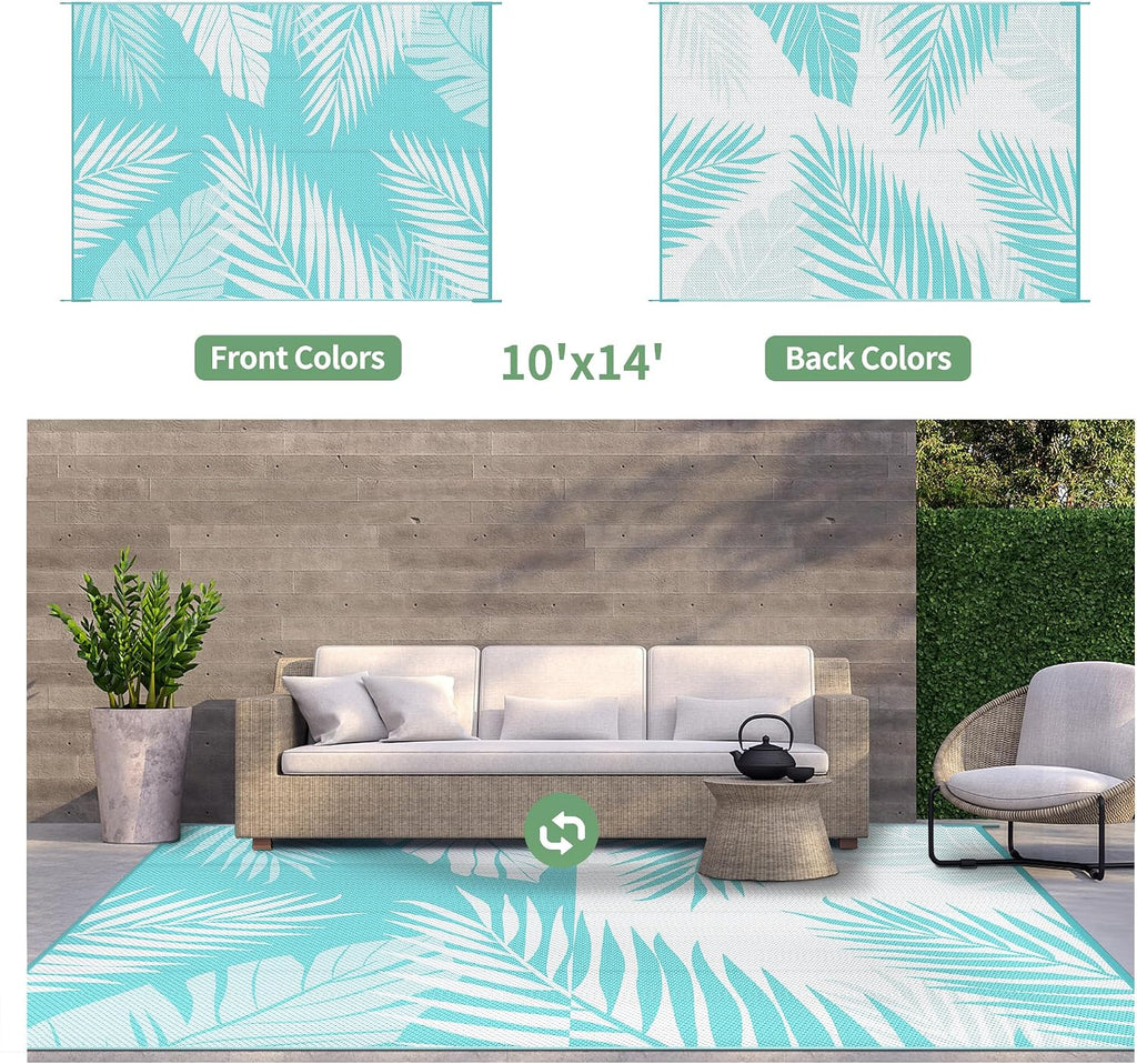 GENIMO Outdoor Rug 10' x 14' Waterproof for Patios Clearance, Reversible Outdoor Plastic Straw Camping Rug Carpet, Large Area Rugs Mats for RV, Camper, Deck, Balcony, Porch, Beach, Aqua Blue&White