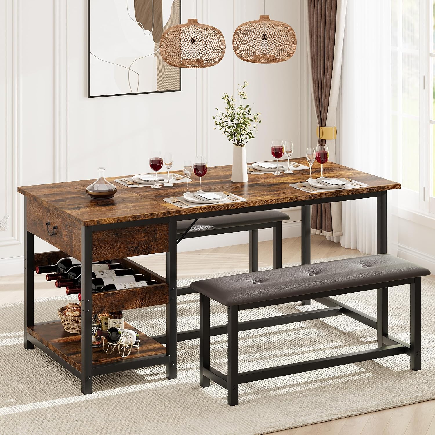 GarveeHome Dining Table Set for 4, Kitchen Dining Table Set with Upholstered Benches, Kitchen Dining Room Table with Storage Drawers & Wine Rack for Small Space, Rustic Brown