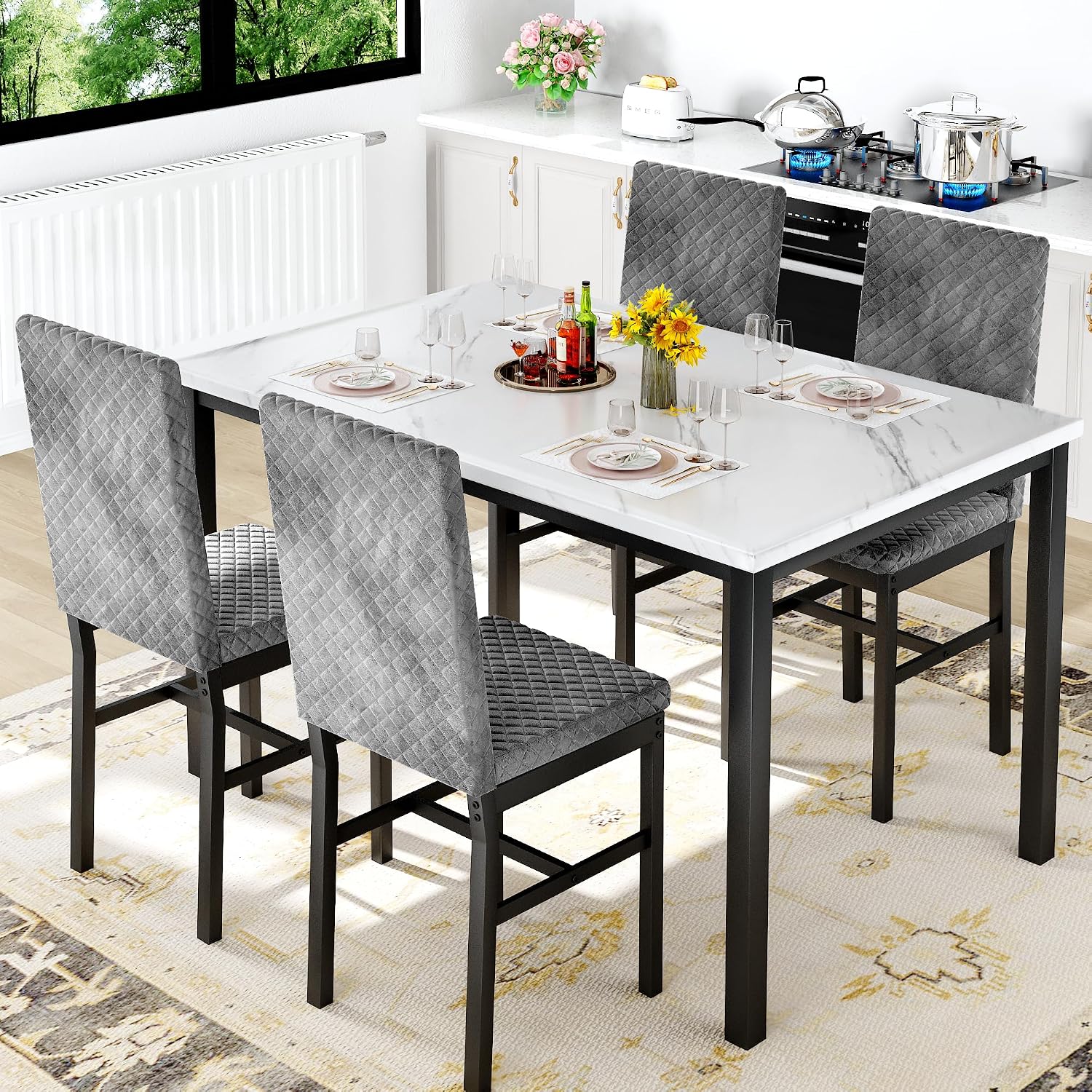 Hooseng Kitchen Table Set 5 Piece Dining Room Table Set Marble Dining Table 4 Chair Dining Table Set for Kitchen Living Room Breakfast Small Spaces (Grey)