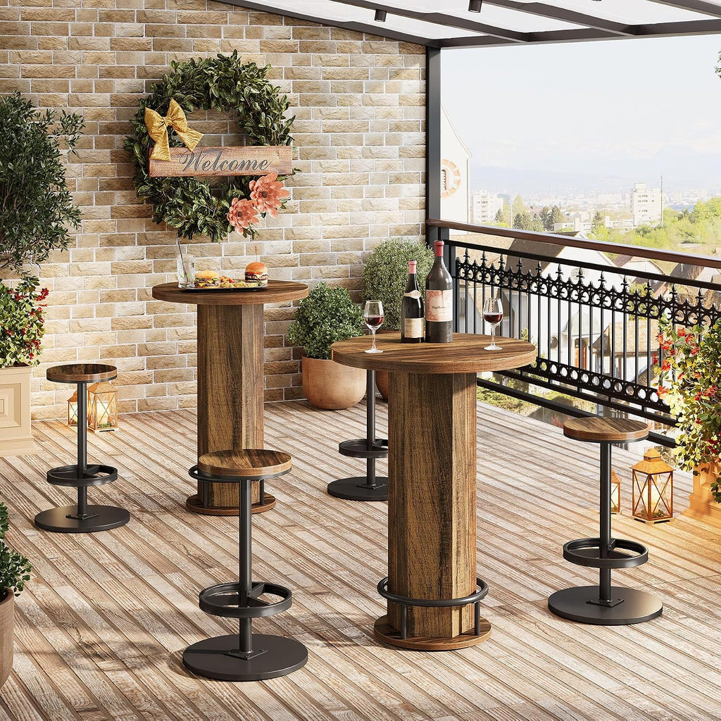 Tribesigns Round Bar Table with Chairs, Industrial Bistro Sets with 2 barstools, Pub Cocktail Table with Metal Ring Footrest for Kitchen Nook, Apartment, Small Space