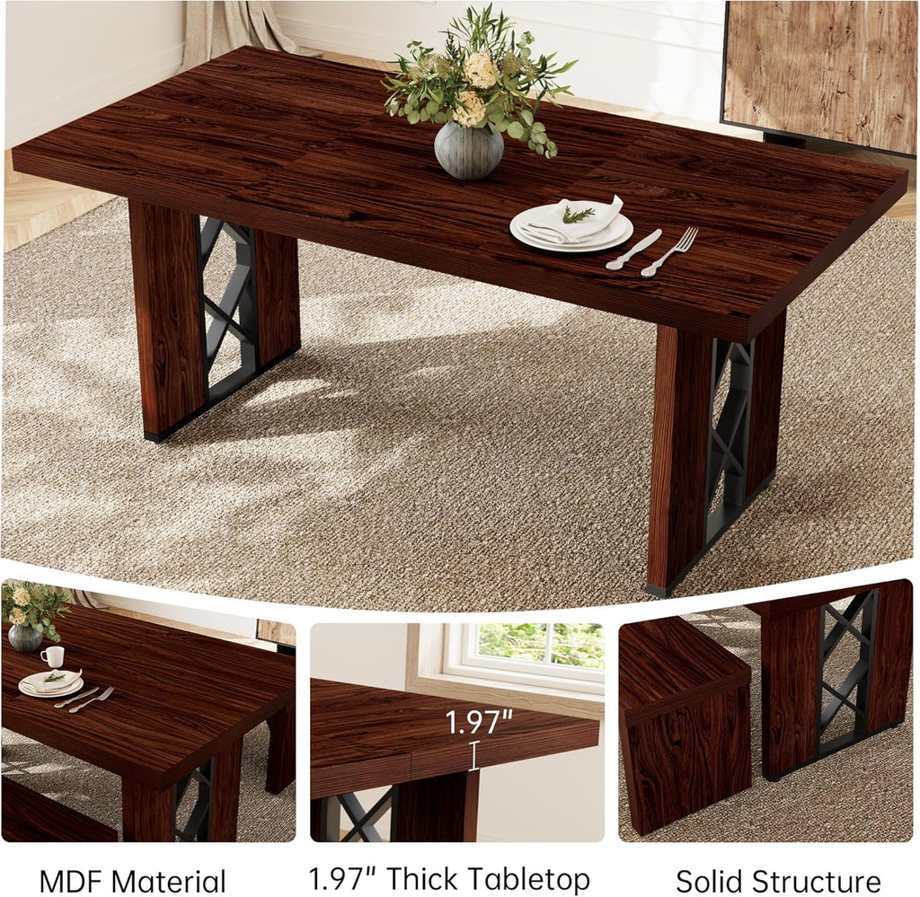 HIPIHOM 70.8' Farmhouse Dining Table for 6 People, Large Rectangle Kitchen Table with Heavy Duty Legs, Industrial Dining Room Furniture for Dinner, Walnut