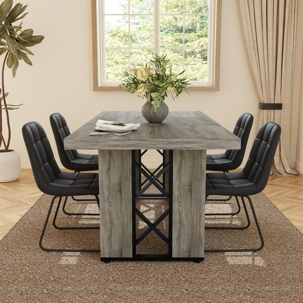 HIPIHOM 7-Piece Dining Table Set for 6 People, 70.8' MDF Kitchen Table with 6 Upholstered Chairs, Space-Saving for Dining Room, Breakfast Nook(Grey Table+6 U-Shaped Black Chairs)