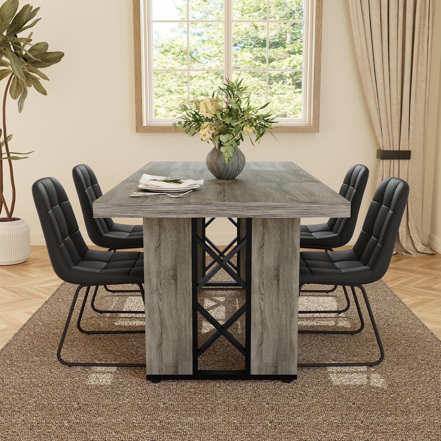 HIPIHOM 7-Piece Dining Table Set for 6 People, 70.8' MDF Kitchen Table with 6 Upholstered Chairs, Space-Saving for Dining Room, Breakfast Nook(Grey Table+6 U-Shaped Black Chairs)