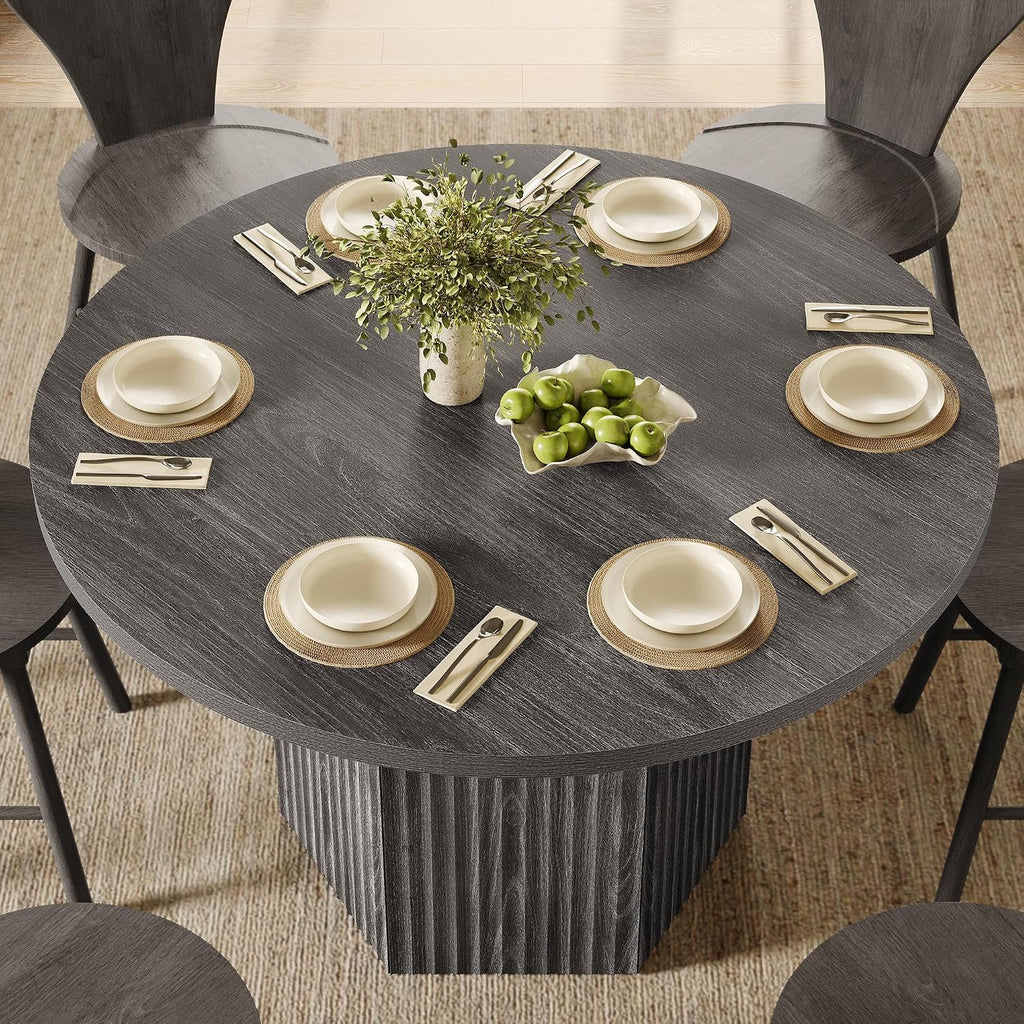 SICOTAS Round Dining Table for 4 6 People 47' Fluted Kitchen Dinner Table Modern Wooden Circle Dining Room Table with Sturdy Base for Dining Room Kitchen Living Room, Dark Grey Alder