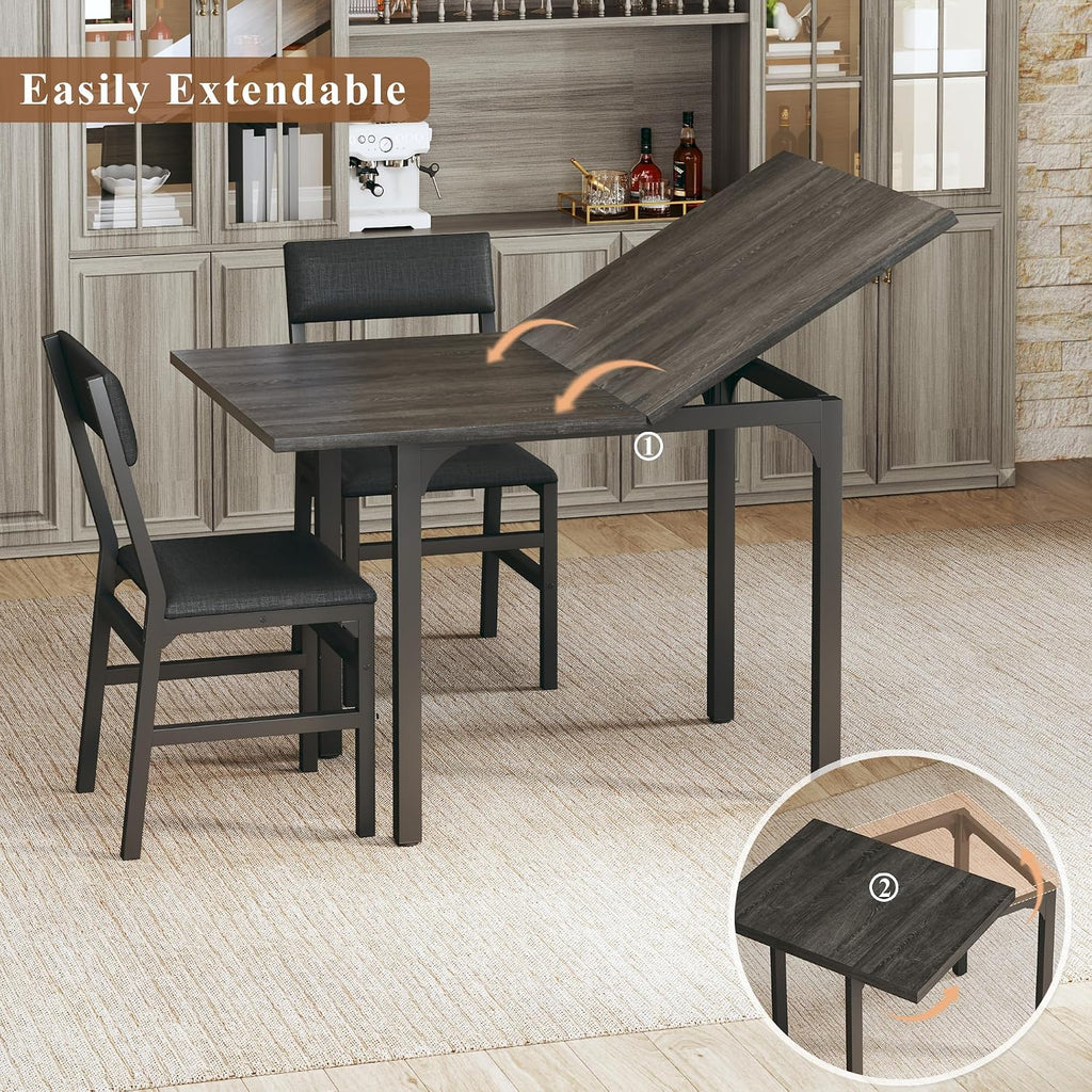 HUAHUU Dining Table Set for 4, Extendable Kitchen Table Cushion Chairs Set of 4, Rectangle Dining Table with Metal Frame & MDF Board, Folding for Small Apartment Saving Space, Gray
