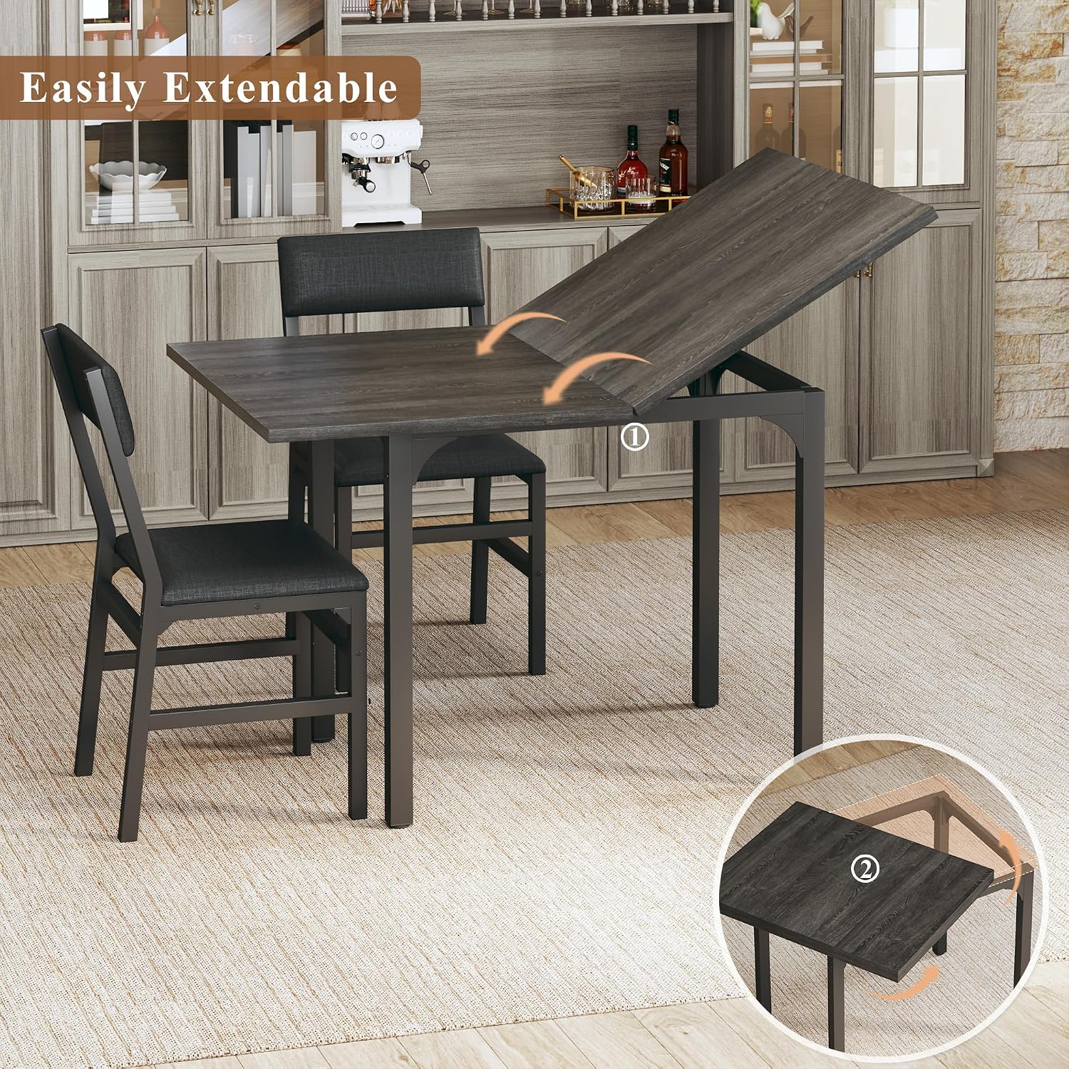 HUAHUU Dining Table Set for 4, Extendable Kitchen Table Cushion Chairs Set of 4, Rectangle Dining Table with Metal Frame & MDF Board, Folding for Small Apartment Saving Space, Gray