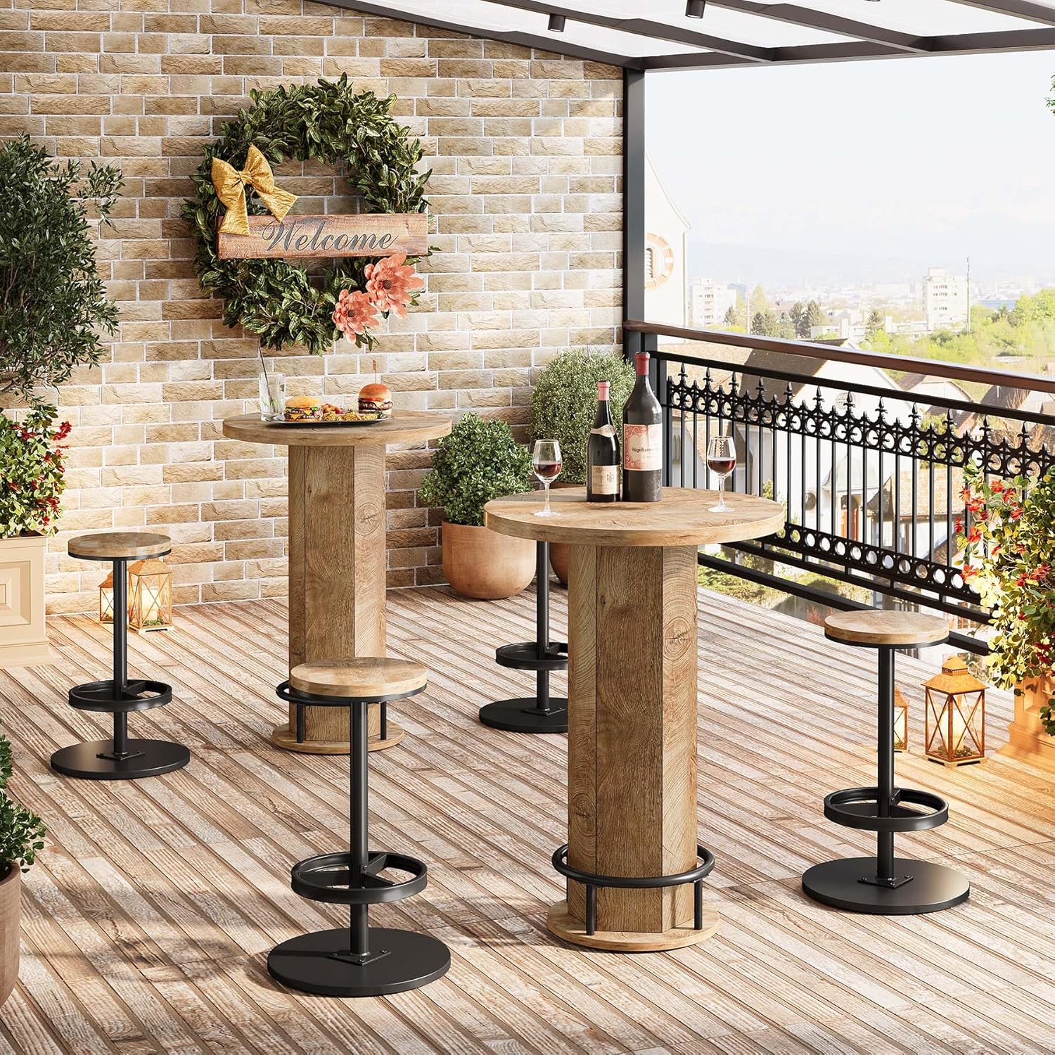 Tribesigns Round Bar Table with Chairs, Industrial Bistro Sets with 2 barstools, Pub Cocktail Table with Metal Ring Footrest for Kitchen Nook, Apartment, Small Space
