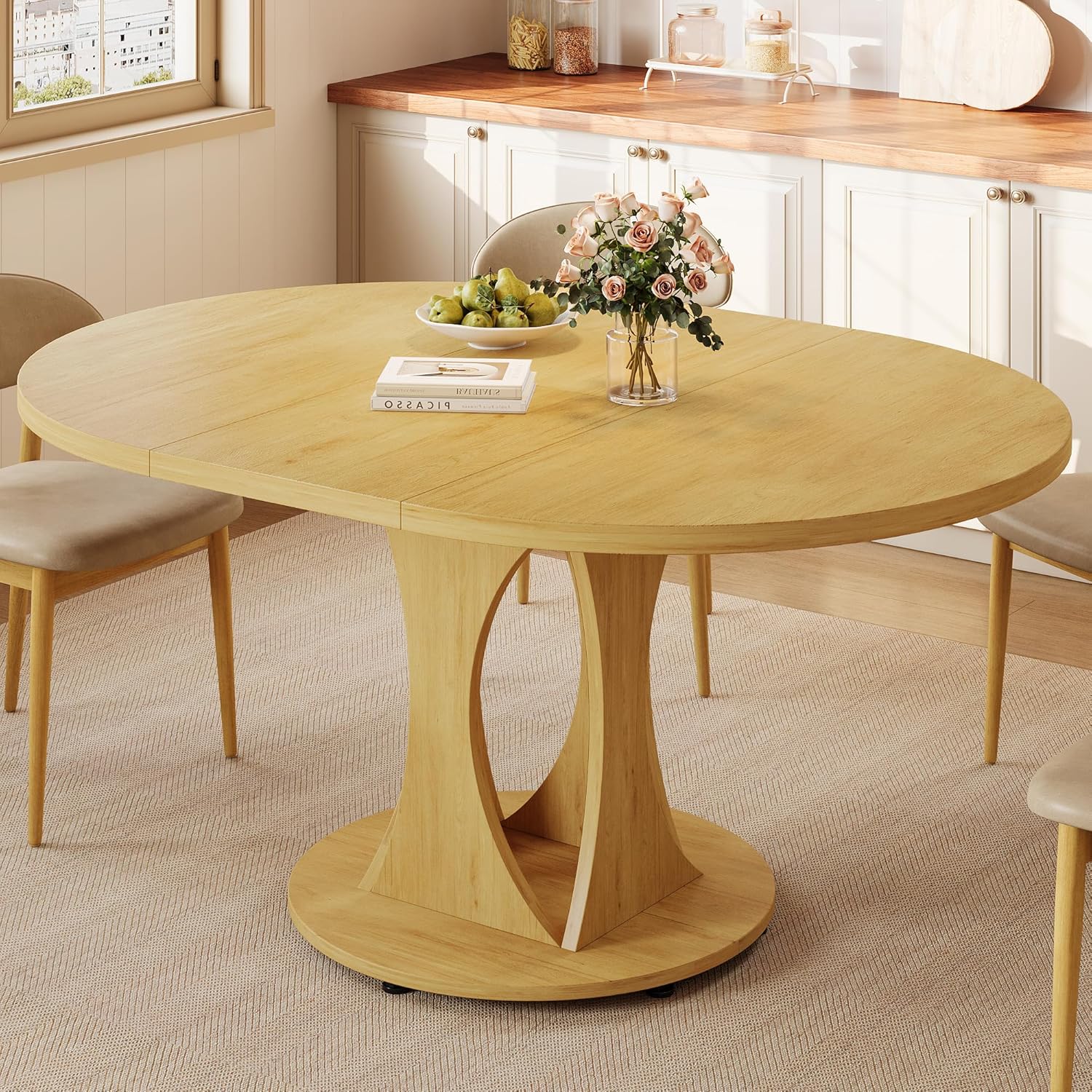 Einhomn 59' Extendable Round Dining Table for 6-8, Kitchen Table with Sturdy Double Arc Base & Backboard Clasp Desktop, Mid-Century Modern Dinner Table, Kitchen Dining Room, Space Saving, Natrual