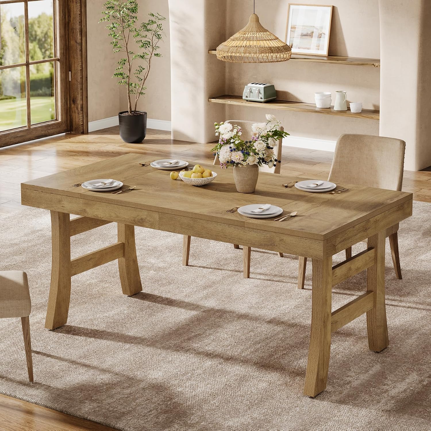 Tribesigns 63-Inch Dining Table for 4-6 People, Farmhouse Rectangular Large Kitchen Dinner Eating Table with Sturdy Legs for Home Kitchen, Dining Room, Light Brown