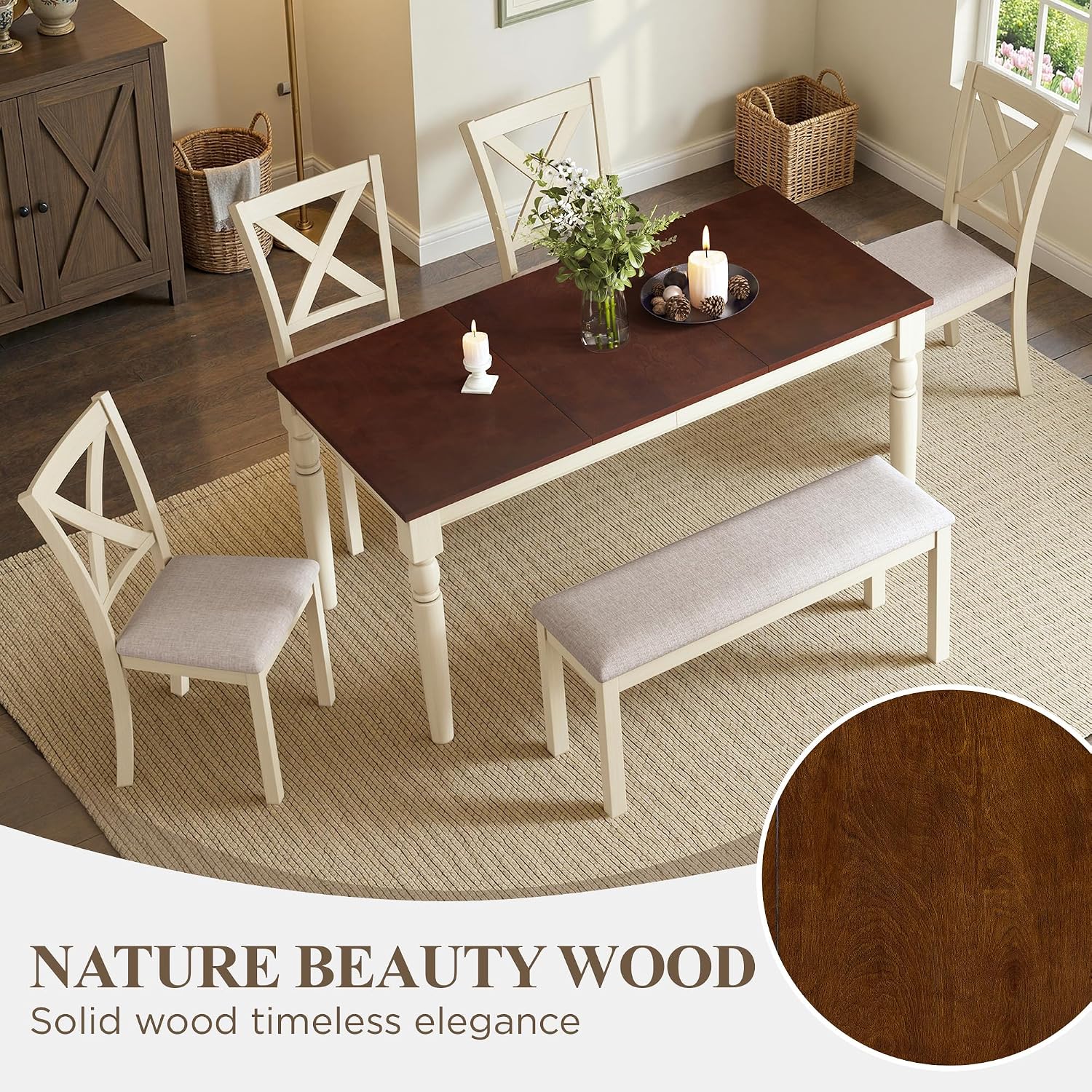 LUXOAK 60' Solid Wood Dining Table Set for 6, Farmhouse Kitchen Table with 4 Upholstered Chairs & Bench, 6-Piece Dining Room & Living Room Furniture, Cream White