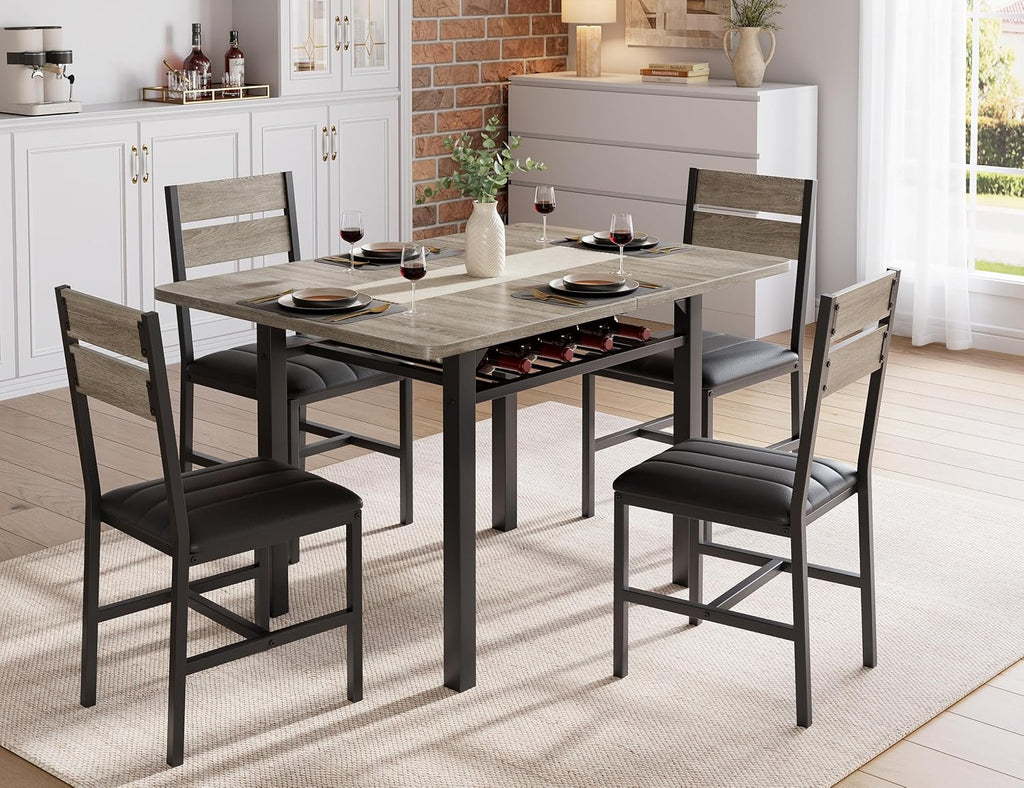 MapleGrace Dining Table Set for 4, Extendable Kitchen Table with 4 PU Leather Upholstered Dining Room Chairs, Wood Kitchen Table Set with Built-in Storage Rack for Dining & Small Spaces, Grey