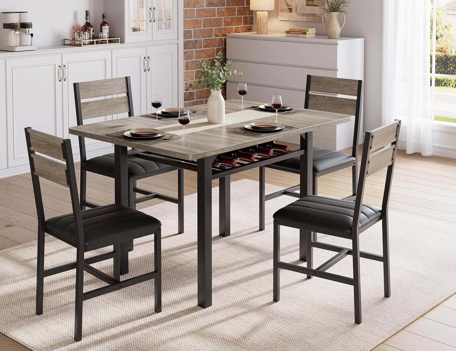MapleGrace Dining Table Set for 4, Extendable Kitchen Table with 4 PU Leather Upholstered Dining Room Chairs, Wood Kitchen Table Set with Built-in Storage Rack for Dining & Small Spaces, Grey