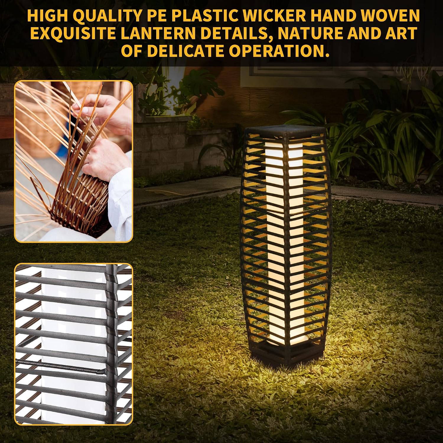 Solar Powered Outdoor Floor, 2 Piece Outdoor Floor Lamps, Solar Lanterns Waterproof Resin Wicker, Weather-Resistant Rattan Deck Light for Patio, Lawn, Porch, Garden