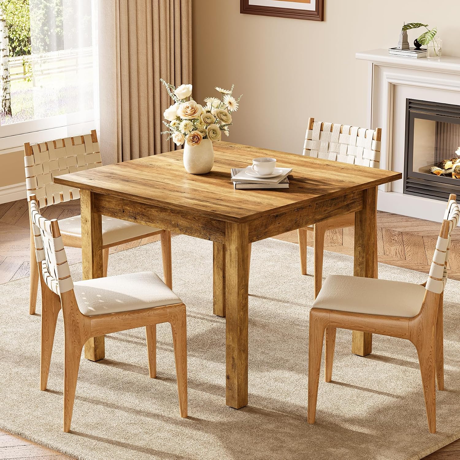 LITTLE TREE 39 Inches Square Dining Table for 4 People, Industrial Wooden Kitchen Table Small Dinner Table, Modern Dining Room Tables for Living Room, Kitchen, Rustic Brown