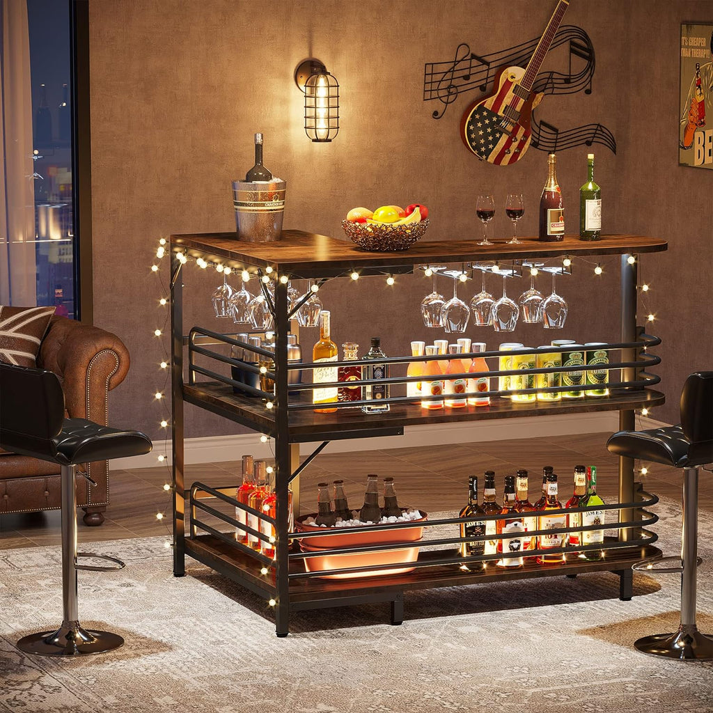 Tribesigns L-Shaped Home Bar Unit, 3 Tier Liquor Table With Storage Shelves and Wine Glasses Holder, Industrial Corner Wine Cabinet Mini Bar for Home Kitchen Pub, Rustic Brown