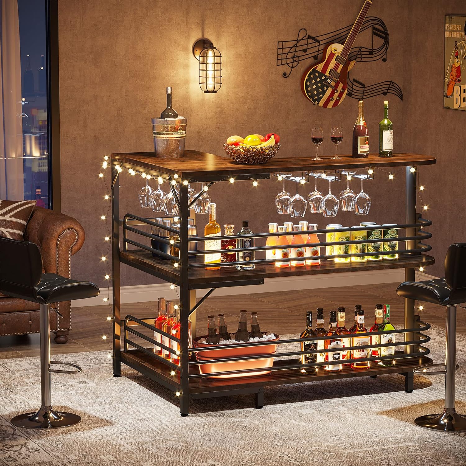 Tribesigns L-Shaped Home Bar Unit, 3 Tier Liquor Table With Storage Shelves and Wine Glasses Holder, Industrial Corner Wine Cabinet Mini Bar for Home Kitchen Pub, Rustic Brown
