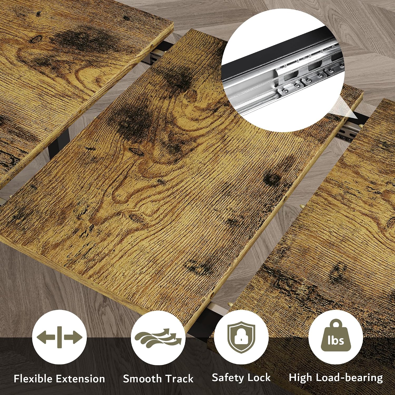 iPormis 5-Piece Dining Table Set for 4-8 People, Extendable Kitchen Table Set with 2 Benches and 2 Square Stools, Mid-Century Dining Room Table with Metal Frame & MDF Board, Saving Space, Rustic Brown