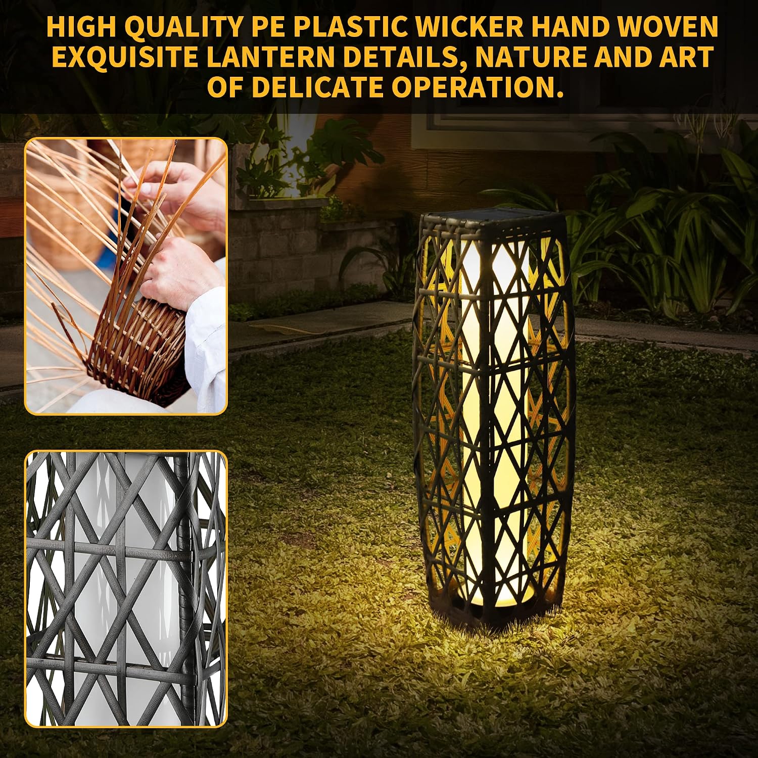 Solar Powered Outdoor Floor, 2 Piece Outdoor Floor Lamps, Solar Lanterns Waterproof, Resin Wicker Weather-Resistant Rattan Deck Light for Patio, Lawn, Porch, Garden