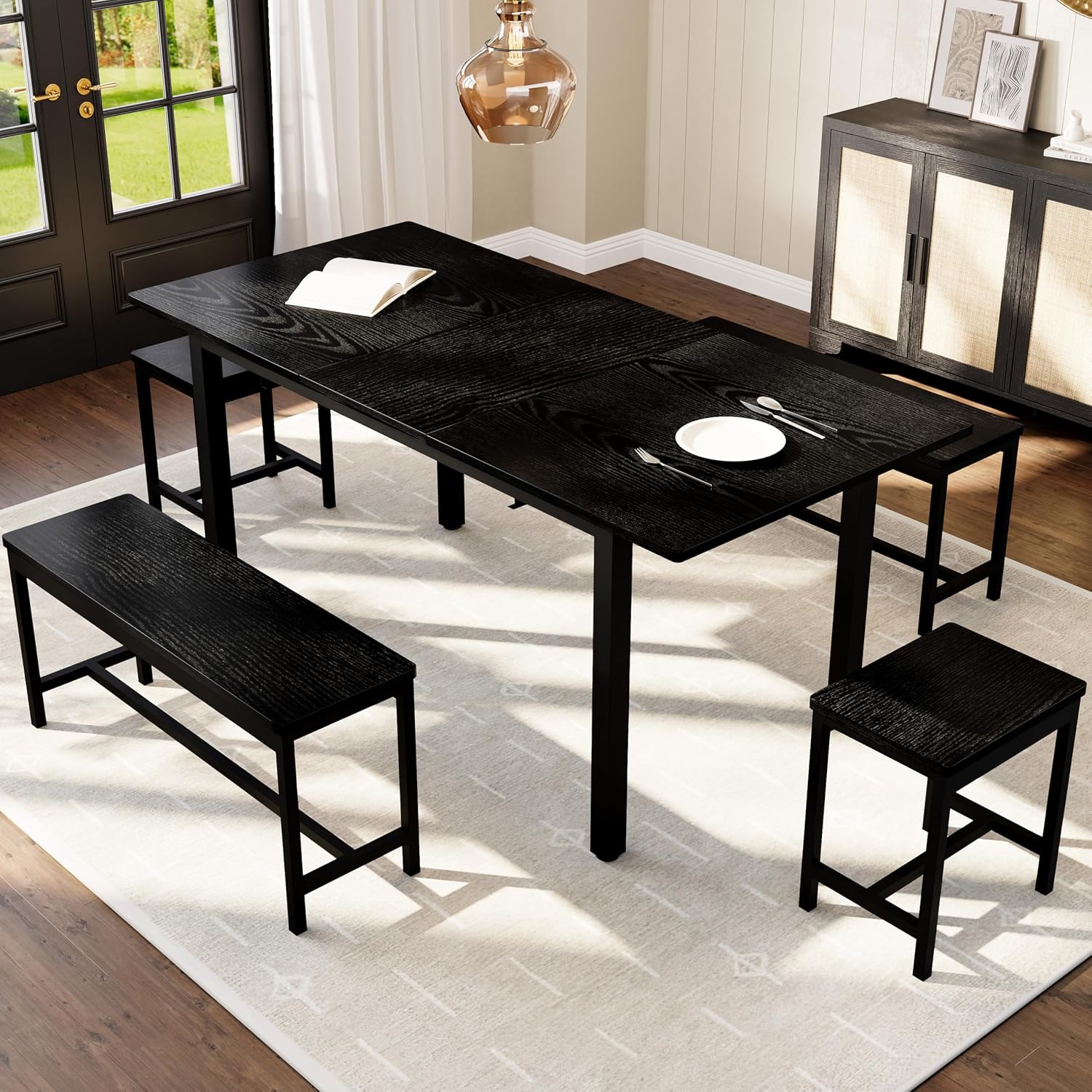 GarveeHome 5 PCs Dining Table Set for 6-8 People, 63 in Extendable Kitchen Table Set with 2 Benches and 2 Square Stools, Modern Dining Room Furniture Sets, Easy Assembly, Black