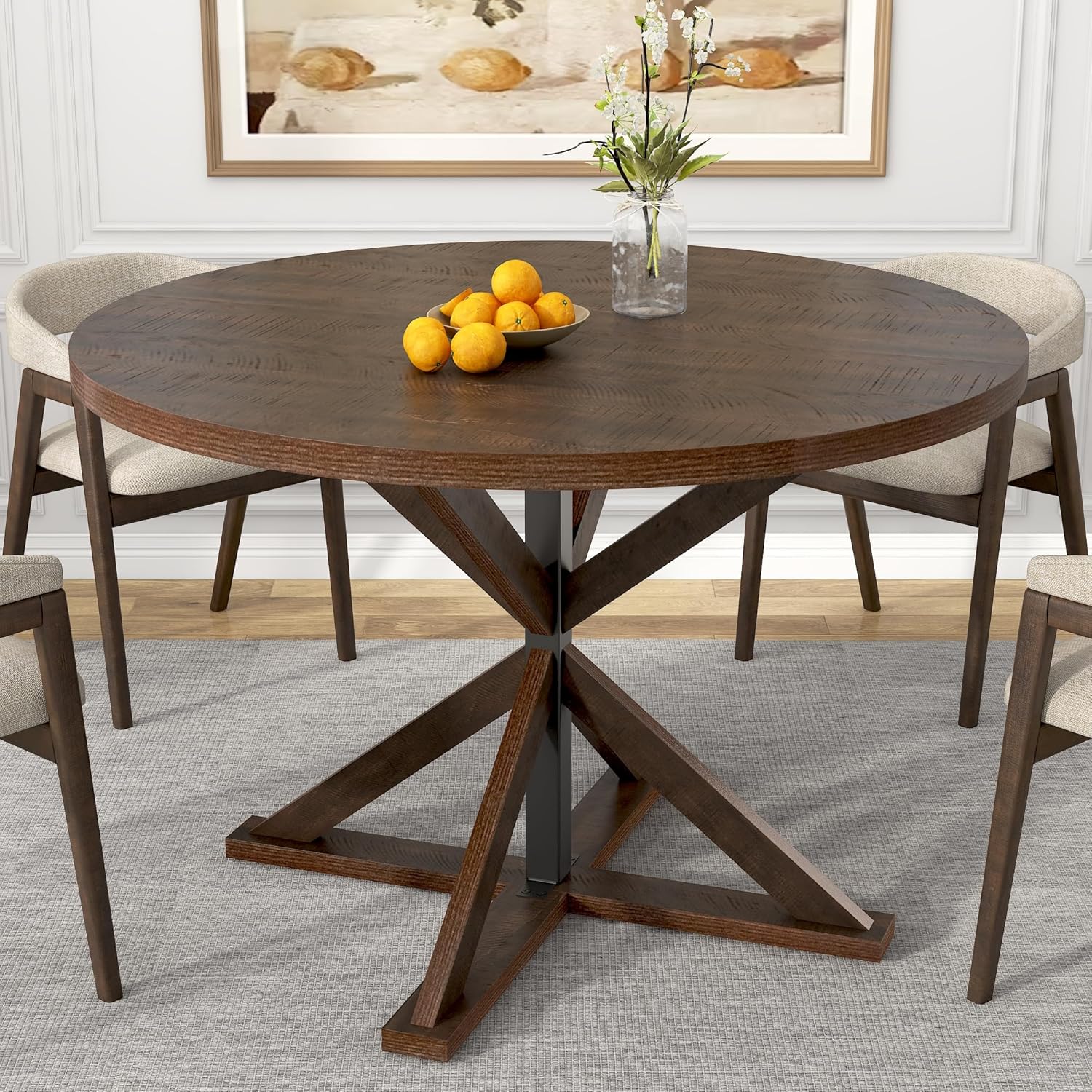 jiteentarou Round Wood Dining Table for Kitchen,Dining Room,Living Room,Farmhouse Dinner Tables W/Thickened Brown Wooden Waterproof Tabletop for 4 People,47 inch Rustic Kitchen Table W/Metal Support