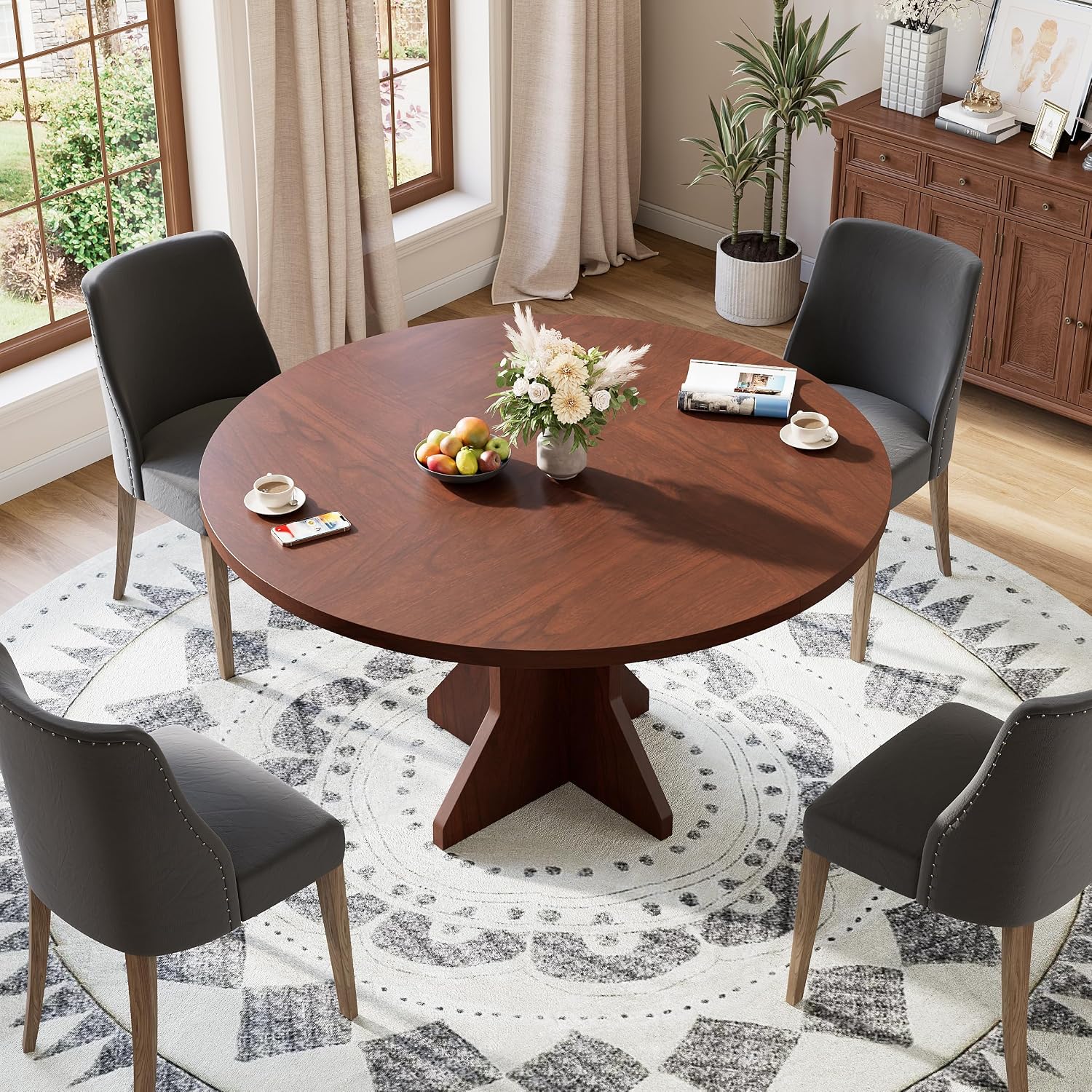 IDEALHOUSE Round Dining Table, 47' Kitchen Table for 4-6 People, Circle Tables with Sturdy Pedestal Base, Space Saving Dinning Room Furniture for Living Room, Kitchen, Apartment, Walnut