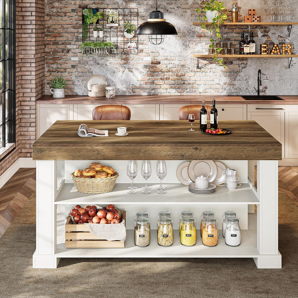Tribesigns Bar Table, 55-Inch Counter Height Pub Table with Storage Shelves, High Top Kitchen Dining Table, Rectangle Wood Home Bar Unit for Dining Room, Bistro, White and Brown
