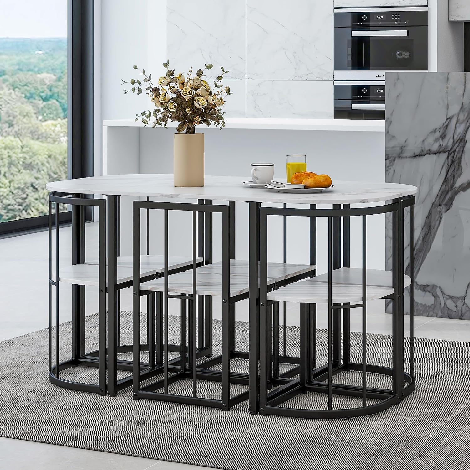 7 Piece Dining Table Set, Metal Kitchen Dining Table Set with Chairs for 6 Persons for Small Space, Black White