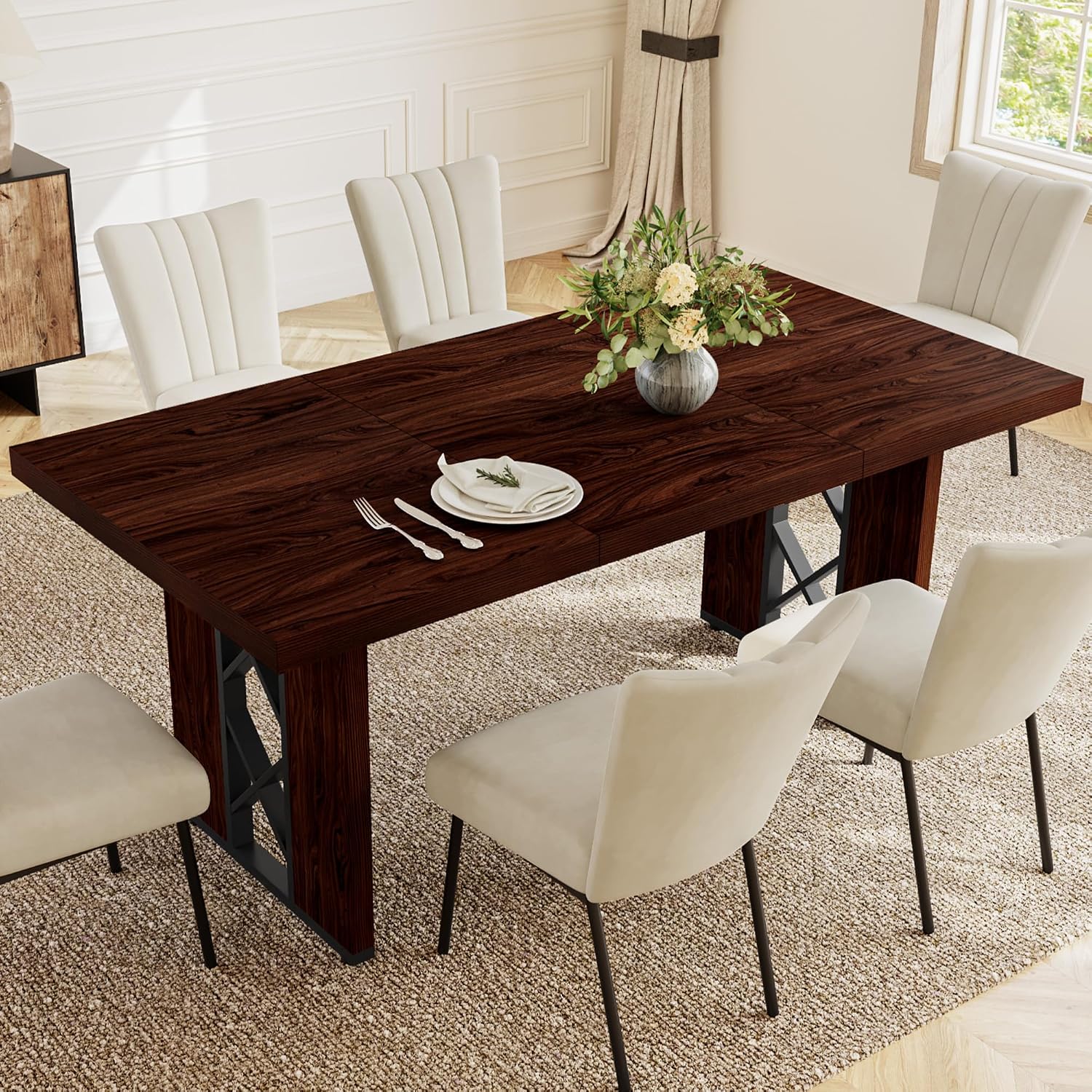 HIPIHOM 7-Piece Dining Table Set for 6 People, 70.8' MDF Kitchen Table with 6 Velvet Chairs, Space-Saving for Dining Room, Breakfast Nook(Walnut Table+6 Beige Chairs)