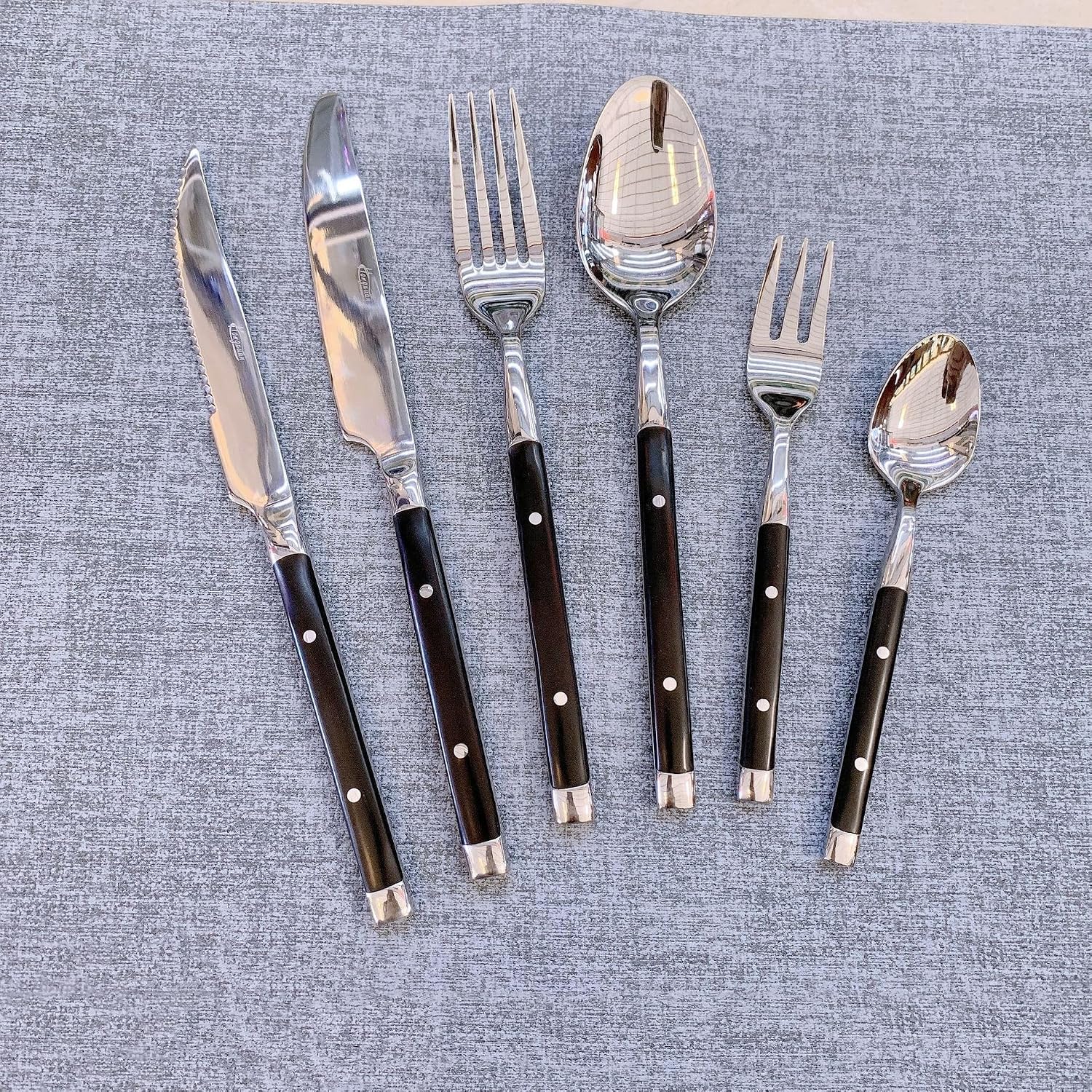 24 Piece Black Silverware Set for 4 Classic Flatware Set Elegant 18/8 Stainless Steel Western Rivet Cutlery Delicate Utensils for Home Holiday Dishwasher Safe Mirror Polished Thanksgiving Christmas