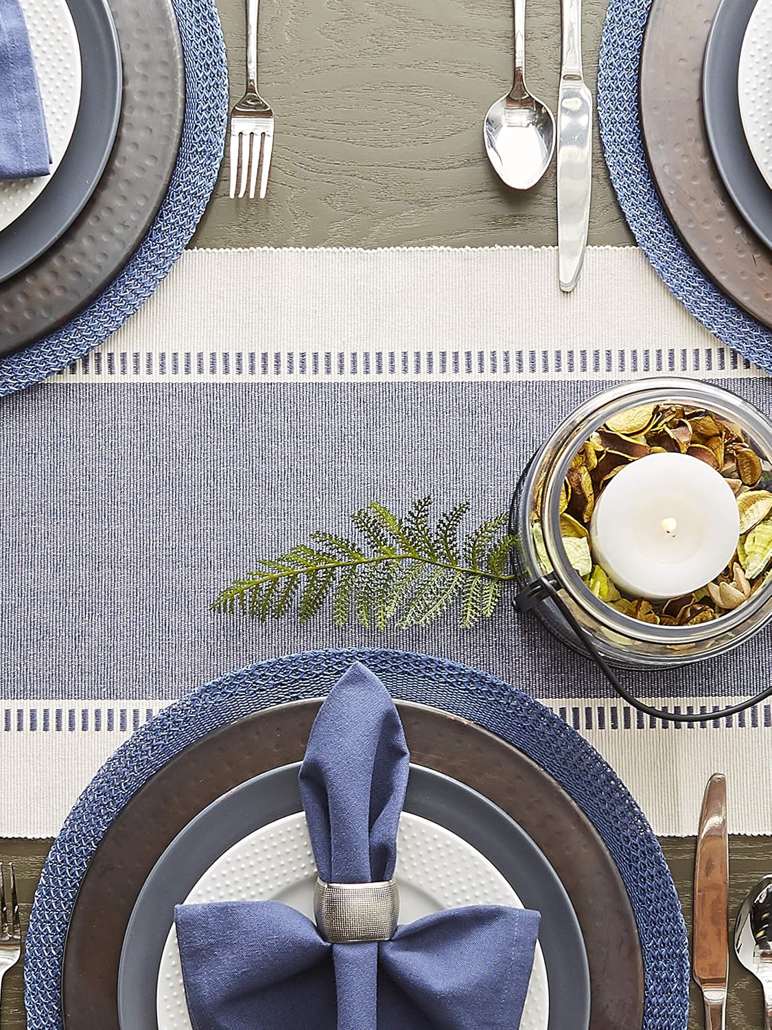 DII Dobby Stripe Woven Table Runner, 13x108 (13x113.5, Fringe Included) French Blue (Pack of 12)