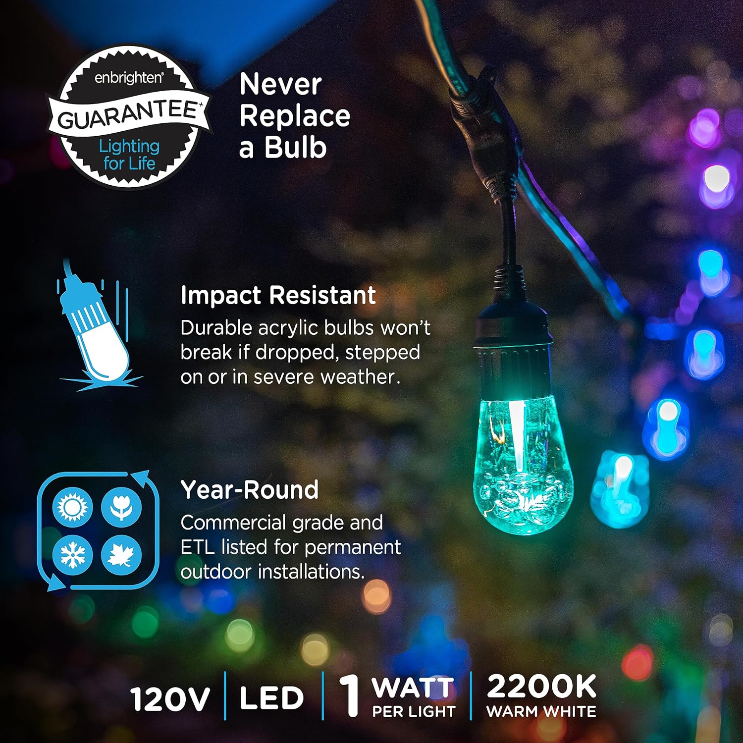 Enbrighten Vintage Outdoor String Lights, 24ft, 12 RGB Acrylic Bulbs, Weatherproof, RF Remote Control, Perfect for Holidays, Gameday, Parties, and More, 37791