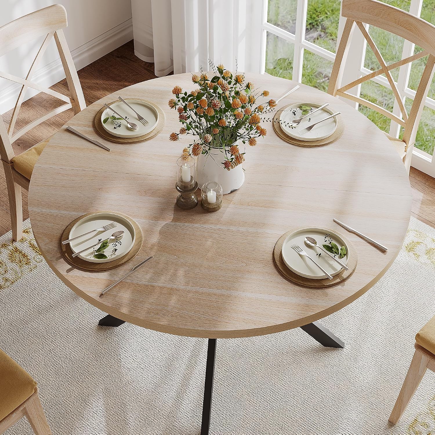 ChooChoo 47.2 Inch Round Dining Table for 4, Farmhouse Wood Kitchen Table, Circle Dinner Table for Kitchen & Dining Room, Natural Oak