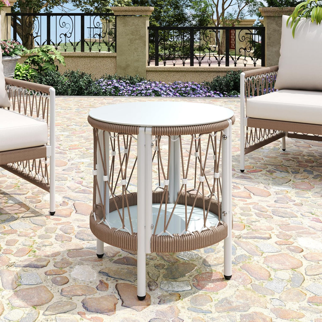 Christopher Knight Home Packy Bohemian Outdoor Side Table with Storage Shelf, Glass Top Small Patio Round Coffee Table, Sofa End Table for Patio Furniture Set with Metal Frame, White+Beige