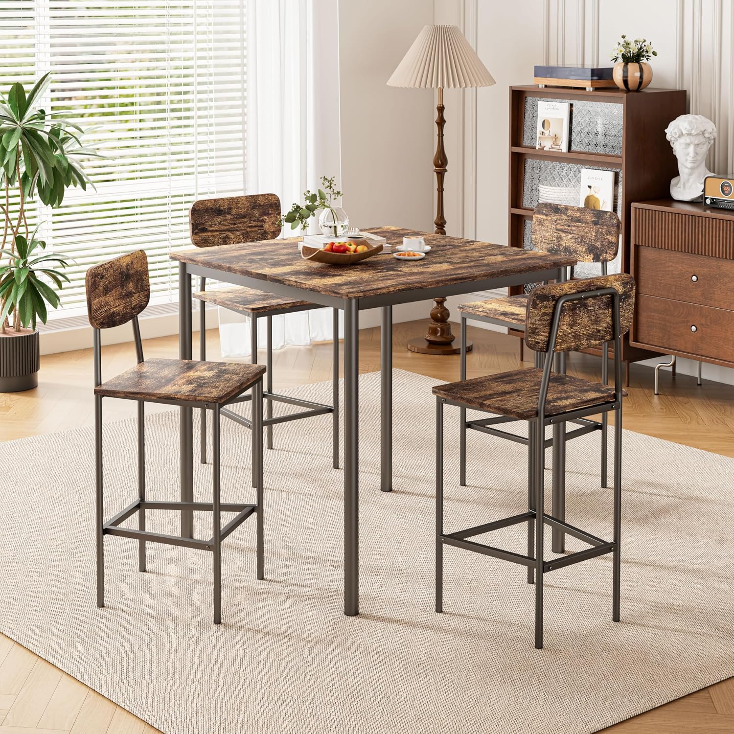 Kitchen Table and Chairs of 4, 5 Piece Dining Table Set, Sturdy Industrial Space Saving Dinette Set for Pub, Family Dinners, Apartment, Rustic Brown