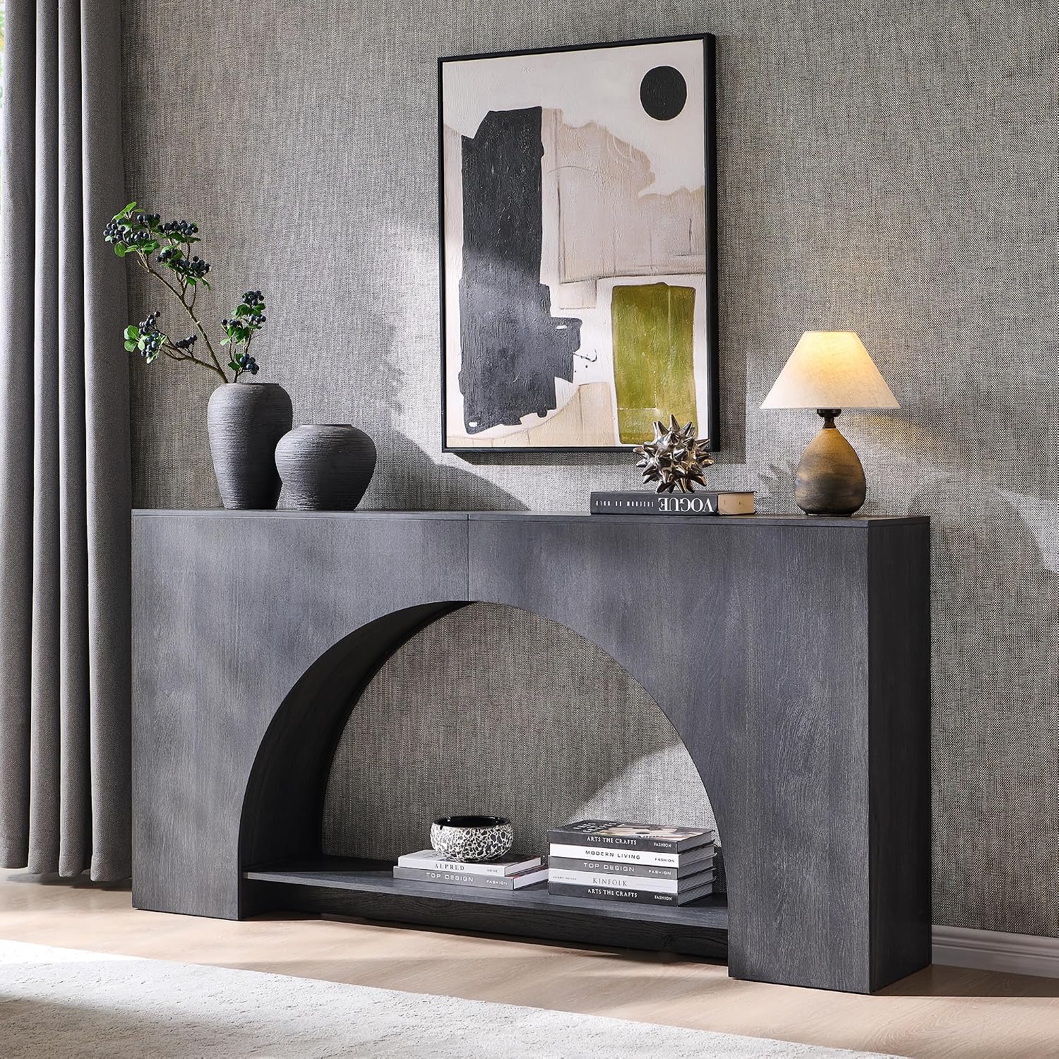 IFGET 63' Arched Console Table, 2-Tier Modern Entryway Table with Arched Base, Narrow Long Wood Sofa Table Behind Couch Table for Living Room, Hallway, Foyer, Dark Grey